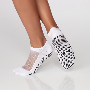 grip socks in white with mesh and sparkles on the top Shashi brand